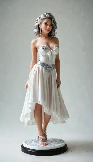 A muse of dance, embodied in movement. Her body is sculpture, her poses are poetry. She dances under the moonlight, her hair fluttering like silk. Dressed in a light fabric that emphasizes her grace. Impressionism, soft light, silver and white tones, ribbons, grace.