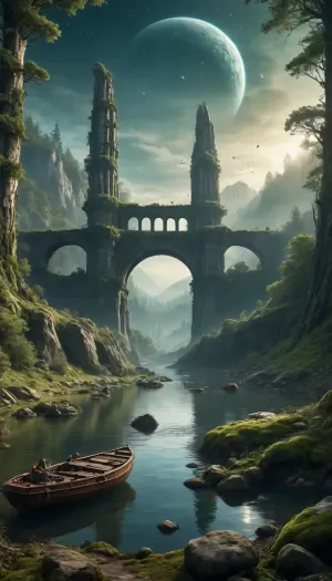 water, lake, forest, rocks, moss, overgrown green forest, fairytale forest, aqueduct old dilapidated, roots grow through stones, fantasy landscape, spaceship old broken wrecked, post-apocalypse, wheeled transport, future technologies, robotics, night in the sky, evening, starry sky, giant planets in the sky, unearthly landscape, masterpiece picture, movie effect, science fiction