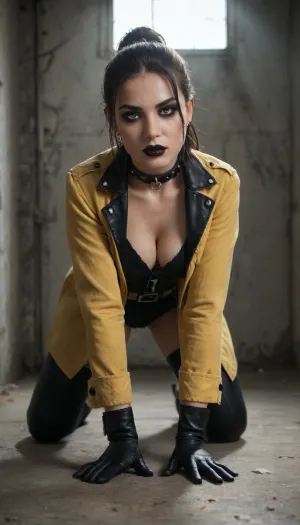 Realistic foto, raw, high quality, solo sexy 24yo, (gothic girl, slave, submissive, perfect body, dark makeup, black shadow eyes, dark long eyeliner, dark black lips, long dark black hair, ponytail, very long open yellow coat, black leather gloves, big voluptuous boobs, high black leather laced boots over her knee, bare breasts, wrapped, pierced nipples, straps, bdsm full-body-harness, garters, tattooed, golden earrings, beautiful legs, realistic face, looking lascivious, (bondage, on all fours, inside a cage, viewer looking from outside)), (very high abandoned factory hall, cables, dirty windows, broken glass, dusty, sunlight), sharp focus, amazing details, low sidelight, only light from outside, rule of thirds, view full body