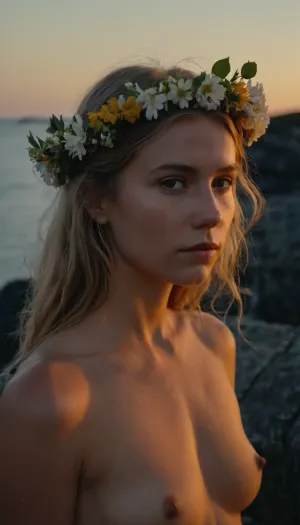 half-body portrait of a young woman, swedish, flatchested, flower wreath in hair, naked, during white night, midsommar, on a rocky skerry.