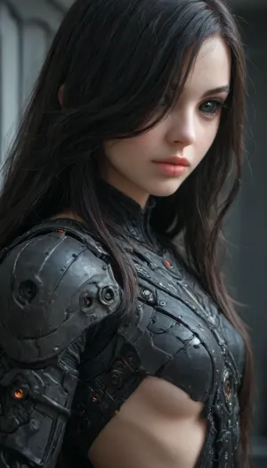 (1 extremely evil girl standing inside an extremely evil spaceship), (black sclera eyes), (close angle), side view, (big thin beautiful lips), (extremely small beautiful face), (hair covering one eye:1.2), black hair, (perfect long flat hair), (extremely straight hair), (robotic black mech armor with loincloth), (fully clothed), extremely pale skin, extremely white lips, very long thick eyelashes, (extremely beautiful petite body:1.3), earrings, (cute small breasts:1.3), small waist, (cute bubble butt:1.3), (extremely thin muscular thighs:1.3), long legs, (extremely perfect big evil eyes:1.2), (perfect face:1.3), (8k), extremely evil interior, Coruscant, Office, Interior, <lora:Mecha_Ggorgeous_Armor-000011:1.2>, <lora:Image Enhancer XL Extreme v1:1.2>, <lora:black sclera:2>, <lora:Coruscant_Office_Interior:1.2>