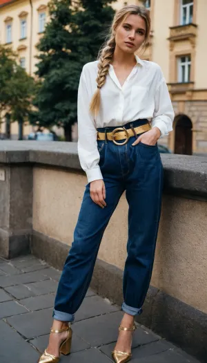 dark blue baggy paperbag slouchy jeans, very long hair, gold belt, gold shoes, prague, slouchy style, ponytail, white blouse, braided, blond hair