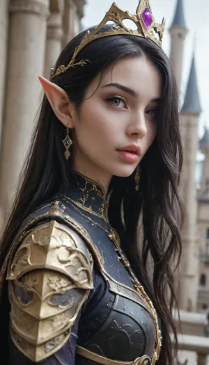(1 extremely beautiful elf woman queen:1.2), (golden elven crown:1.2), (close angle), side view, (large full beautiful lips:1.2), (extremely small beautiful face:1.2), (hair over one eye), black hair, (perfect long flat hair:1.2), (extremely straight hair), (gold trimmed elegant black armor with purple accents), (fully clothed:1.2), very long thick eyelashes, (light purple eyes), (extremely beautiful petite body), (nose piercing), ear piercing, (nose chain), (cute small breasts), small waist, (cute bubble butt), (extremely thin muscular thighs), (extremely perfect big eyes:1.5), (perfect face:1.3), (8k), (elegant elven castle at night), elven, architecture, bailing-traditional, opera, facepaint, chinese, clothes, Radiant, Darkness, <lora:EnvyElvishArchitectureXL01:.9>, <lora:xl-shanbailing-1029chinese technology-000003:1.2>, <lora:233007_training_data:1.1>, R3g4l, 3lv3n, woman, courtyard, armor, cloak, sword, castle, <lora:Regal_Elven:.8>
