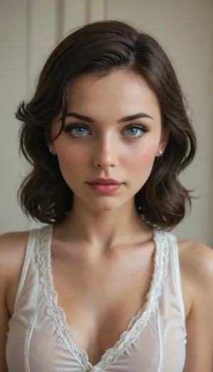 Elizabeth from BioShock Infinite. In the style of Gibson's girl, she had a normal face, standard proportions of facial features.
Hair color, brunette. Hair combed back.
Eye color, blue.
Medium-sized breasts.
Dressed in office clothes.