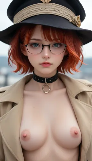 attractive young topless woman dressed in black hat and coat posing for photo, solo, 1girl, hat, glasses, looking at viewer, short hair, fire red hair, Collar, medium tits