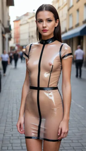 Beautiful brunette woman, pretty, round face, ponytail, bondage collar and leash, black leather shocker, glossy lips, standing, naked, (clear very thin transparent plastic, ((short-length tight deep-cut dress with short sleeves))), in a busy shopping street, sun light, side view, full length view, looking away, looking at something out of shot, (submissive pose), Masterpiece, HD. Erotic. Detailed beautiful face.