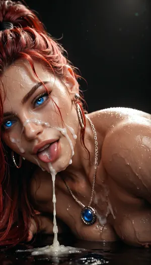 \, (front view), \ \, (Macro), (close-up:1), .4, (Muscular:1), .2, (lean:1), .6, red hair, long ponytail, (blue eyes), eyelashes looking at the viewer, ((wet skin)), light \, brown skin, necklace, (dark shadows:1), high contrast, surround lighting, (huge erection, penis enlargement, lying on his back, penis only visible, 25 " penis), masturbating, (masturbating), ahegao's face, big shaved testicles, copious amount of cum running down his penis, copious amount of cum on his balls, cum splashing, ejaculation, copious amount of cum facial, copious amount of cum on chest, black background, side view, laura, (glorified _styles_v3_vpred:.5), artist_name, <lora:678016_training_data:.8>, <lora:illustrious_styles_v3_vpred:.8>