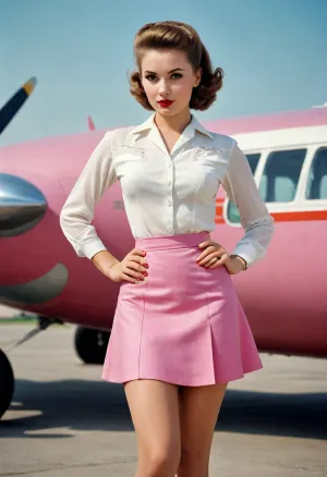 Russian 23yo Slavic beauty, flight attendant 1950s style, on the airfield, posing for fashion magazines, pink miniskirt with split, white sheer blouse, USSR poster, USSR postcard, 1950s, USSR epoch, pin-up poster style, postcard style, soviet poster art, Soviet advertising art, (lithography, high detailed paper texture), (1950s vintage color photography:1.3), 1950s analog photo for soviet magazine, (realistic hair, realistic face, realistic anatomy, realistic pose), full-length image, period-accurate photo, maximum contrasted image, maximum saturated image