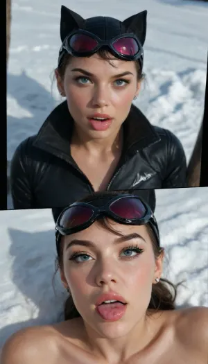 Comic-illustration, Catwoman in a leather mask with ears leaned on a strong Batman, sensually licking his lips with her tongue .They lie on the white snow, light and shadow, contrasts