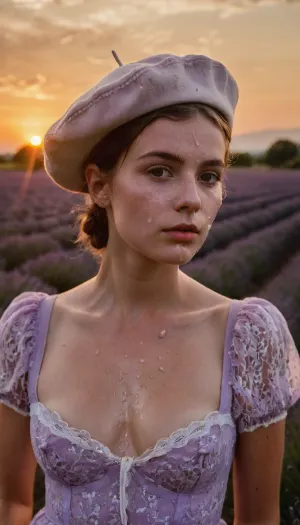 portrait of a young woman, French, perky breasts, beret, dress, during sunset, in a lavender field., (cum on face, thick white cum:1.2), ., woman, cum, on, face, <lora:JustCum:1.2>