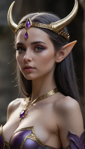 1 extremely cute elf girl queen, golden elven crown with 2 horns, nose chain, ((wide angle)), side view, pale skin, large full beautiful lips, extremely small cute face, hair covering one eye, black hair, perfect long flat hair, extremely straight hair, gold trimmed elegant black armor with purple accents, partially nude, very long thick eyelashes, light white eyes, extremely cute petite body, cute small breasts, tint erect nipples, tiny areolas, small waist, cute bubble butt, extremely thin muscular thighs, extremely perfect big eyes, perfect face, 8k, elegant grey elven castle at