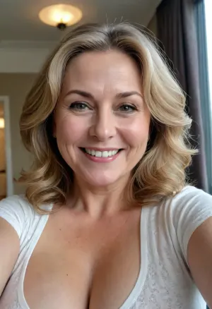 Sexy mature old woman, 50 years old, dark blonde, white skin, sexy smile, slightly wavy hair, very big and chubby woman, large breasts, selfie, solo photo