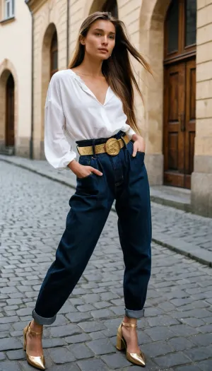 dark black baggy paperbag slouchy jeans, very long hair, gold belt, gold shoes, prague, slouchy style, ponytail, white blouse