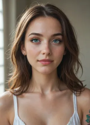 portrait of a mid 40s woman with long brown hair, blue eyes, light skin, subtle natural makeup, small nose piercing, soft smile, and a colorful tattoo on her upper chest, loose hair framing her face, photographed in natural indoor lighting, DSLR photo, shallow depth of field, high detail