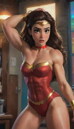 Wonder Woman cosplay by Rachel Pizzolato, dressed in sensual alluring cropped hoodie, track shorts, thigh high wool socks clothes attached to her body, big, tanga sensual, realistic portrait, captivating facial expression, confident stance, penetrating eyes, radiant skin, effects exquisite details, high resolution jockstrap, studio photograph, dramatic lighting, blurry background, warm tones, bold color palette, kinematic effect, Arte conceptual., sharp focus, depth of field, 8k photo, HDR, professional lighting, taken with Canon EOS R5, 75mm lens, natural beauty, highlydetailedbody, realisticface, highlydetailedhair, insanelydetailed, 8K.highdetailedskin, highresolution, perfectfingers, (j_cartoon:1.5), Drawing, <lora:pizzolato_sdxl:2>, uberfit, muscular, athletic, <lora:uberfit_lora_sdxl:.8>, <lora:samdoesarts1.1-000030:.4>, <lora:J_cartoon:.3>, <lora:Animated_Concept:.4>