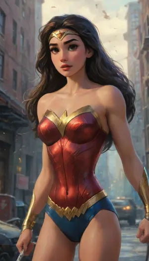 Wonder Woman is Rachel Pizzolato, (Wonder Woman:1.3), solo focus, suit, muscular, (Tanned skin), Black Hair, Red and Blue Coat, Cityscape, Heroic, Lasso of Truth, (Master piece:1.3), realistic, cinematic lighting, (perfect anatomy:1.3), beautiful woman, extremely detailed, long eyelashes, perfect face, perfect eyes refined, soft lighting, inspiring}}, (detailed body), (Masterpiece), (best quality), (full body:1.4), good anatomy, long hair, brave features, tall, strong, Large chest, (highly detailed features), (very detailed face), noble features, intricate, (depth of field), dynamic lighting, highly detailed body, detailed features, 4k, textured, 1 woman, looking at viewer, Wonder Woman logo, Sword and Shield, Tiara and Bracelets, Bright sky, Sunlight, Metropolis City, Crime fighting, Amazing., sharp focus, depth of field, 8k photo, HDR, professional lighting, taken with Canon EOS R5, 75mm lens, natural beauty, highlydetailedbody, realisticface, highlydetailedhair, insanelydetailed, 8K.highdetailedskin, highresolution, perfectfingers, (j_cartoon:1.5), Drawing, <lora:pizzolato_sdxl:2>, uberfit, athletic, Wonder Woman, Snyder, Style, <lora:Dataset:.5>, <lora:samdoesarts1.1-000030:.4>, <lora:J_cartoon:.3>, <lora:Animated_Concept:.4>