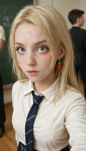 Le selfie choquant de Luna : une farce inattendue dans la salle de classe

- Oui.

Dans la petite salle de classe Hogwarts, Luna Lovegood, une blonde de 18 ans aux cheveux mous et à l'uniforme Hogwarts, a pris un selfie. Le flash de la caméra l'a surpris, ses yeux s'élargissant en état de choc et un léger ennui. À son insu, une image d'un préservatif usagé générée par l'IA apparaissait à côté du selfie, la faisant geler dans l'incrédulité.