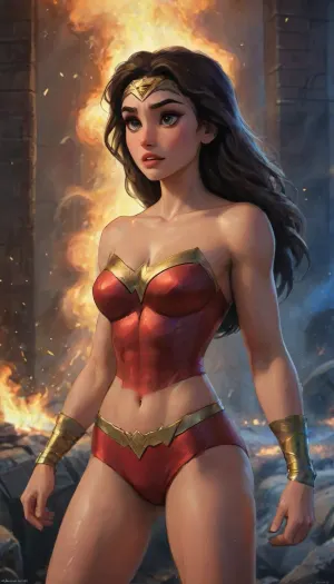 Wonder Woman is Rachel Pizzolato, dressed in wonder woman inspired intricate designer sensual alluring cropped hoodie with track shorts and thigh high wool socks clothes attached to her athletic hourglass body, big, tanga sensual, realistic portrait, captivating facial expression, confident stance, penetrating eyes, radiant skin, create Batman very muscular and very large, with very high trapezius muscles, the muscles are tearing his clothes, he has eyes with a bright blue light, he is carrying Wonder Woman in his lap who is extremely sexy, with her clothes torn, she is passed out and dirty, they are leaving the Arkan hospital, which is on fire. lots of destruction, fire everywhere. effects exquisite details, high resolution jockstrap, studio photograph, dramatic lighting, blurry background, warm tones, bold color palette, kinematic effect, Arte conceptual., sharp focus, depth of field, 8k photo, HDR, professional lighting, taken with Canon EOS R5, 75mm lens, natural beauty, highlydetailedbody, realisticface, highlydetailedhair, insanelydetailed, 8K.highdetailedskin, highresolution, perfectfingers, (j_cartoon:1.5), Drawing, <lora:pizzolato_sdxl:2>, Batman, Knightmare, <lora:Batman Knightmare:.5>, <lora:samdoesarts1.1-000030:.4>, <lora:J_cartoon:.3>, <lora:Animated_Concept:.4>