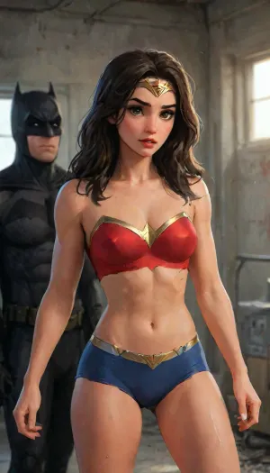 Wonder Woman is Rachel Pizzolato, dressed in wonder woman inspired intricate designer sensual alluring cropped hoodie with track shorts and thigh high wool socks clothes attached to her athletic hourglass body, big, tanga sensual, realistic portrait, captivating facial expression, confident stance, penetrating eyes, radiant skin, create Batman very muscular and very large, with very high trapezius muscles, the muscles are tearing his clothes, he has eyes with a bright blue light, he is carrying Wonder Woman in his lap who is extremely sexy, with her clothes torn, she is passed out and dirty, they are leaving the Arkan hospital, which is on fire. lots of destruction, fire everywhere. effects exquisite details, high resolution jockstrap, studio photograph, dramatic lighting, blurry background, warm tones, bold color palette, kinematic effect, Arte conceptual., sharp focus, depth of field, 8k photo, HDR, professional lighting, taken with Canon EOS R5, 75mm lens, natural beauty, highlydetailedbody, realisticface, highlydetailedhair, insanelydetailed, 8K.highdetailedskin, highresolution, perfectfingers, (j_cartoon:1.5), Drawing, <lora:pizzolato_sdxl:2>, Batman, Knightmare, <lora:Batman Knightmare:.5>, <lora:samdoesarts1.1-000030:.4>, <lora:J_cartoon:.3>, <lora:Animated_Concept:.4>