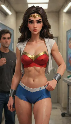 Wonder Woman is Rachel Pizzolato, dressed in wonder woman inspired intricate designer sensual alluring cropped hoodie with track shorts and thigh high wool socks clothes attached to her athletic hourglass body, big, tanga sensual, realistic portrait, captivating facial expression, confident stance, penetrating eyes, radiant skin, create Batman very muscular and very large, with very high trapezius muscles, the muscles are tearing his clothes, he has eyes with a bright blue light, he is carrying Wonder Woman in his lap who is extremely sexy, with her clothes torn, she is passed out and dirty, they are leaving the Arkan hospital, which is on fire. lots of destruction, fire everywhere. effects exquisite details, high resolution jockstrap, studio photograph, dramatic lighting, blurry background, warm tones, bold color palette, kinematic effect, Arte conceptual., sharp focus, depth of field, 8k photo, HDR, professional lighting, taken with Canon EOS R5, 75mm lens, natural beauty, highlydetailedbody, realisticface, highlydetailedhair, insanelydetailed, 8K.highdetailedskin, highresolution, perfectfingers, (j_cartoon:1.5), Drawing, <lora:pizzolato_sdxl:2>, Batman, Knightmare, <lora:Batman Knightmare:.5>, <lora:samdoesarts1.1-000030:.4>, <lora:J_cartoon:.3>, <lora:Animated_Concept:.4>