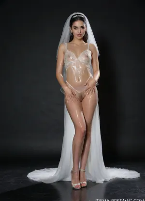 A surreal and luxurious fine art photograph of an Iranian bride standing with elegance against a rich, black velvet background and floor. The bride has fair skin, expressive Persian features, and is wearing a cutout sexy, long white wedding dress with a sheer bridal veil. Her entire body—including her dress, face, eyes, hair, and skin—is drenched in thick, glossy, semi-transparent slime, The slime is dripping slowly, creating a dynamic, mesmerizing texture. Dramatic overhead lighting with soft shadows enhances the contours of her figure and the shine of the slime. The black velvet backdrop adds deep contrast and absorbs light, keeping the focus entirely on the bride. The image has hyper-realistic detail, cinematic atmosphere, and an ethereal, avant-garde, mysterious tone—ideal for artistic fashion or conceptual advertising.