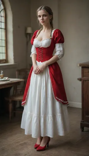Medival Red Dirndl, long braid, red clothes, light brown hair, full body view, high heels, big tits
