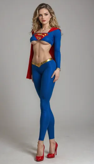 wilma deering from buck rogers, beautiful face, dressed as Supergirl from dc comics, supergirl, wearing blue bodysuit, cleavage, underboob, wasp waist, extremely long legs, high heels, earrings, necklace, bangle bracelets, anklet, white background, uhd, hdr, octane render, full body view, big tits