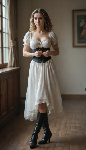 Medival, medival White Dirndl, full body view, high-heeled boots