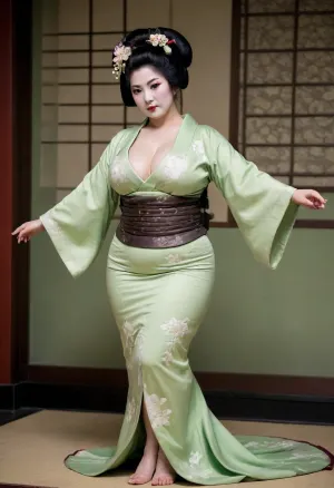 Full body, Japanaese geisha, extremely large breasts, extremely large ass, extremely large hips, extremely thin waist, extreme hourglass figure, top heavy, bottom heavy, front heavy, back heavy, bimbo body, Japanese woman, straight black hair, traditional pale green geisha attire with white spiral patterns, geisha makeup, in geisha theatre