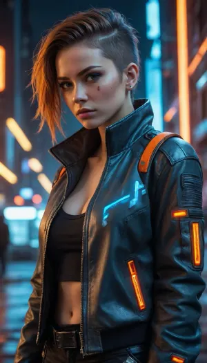 A futuristic cyberpunk character with an edgy, high-tech jacket featuring glowing neon blue and fiery orange accents, metallic details, and rugged textures, illuminated by moody cinematic lighting in a dystopian city scene filled with glowing red and orange lights, scattered debris, and dark industrial tones, dynamic and detailed, hyper-realistic, vibrant colors, atmospheric and immersive