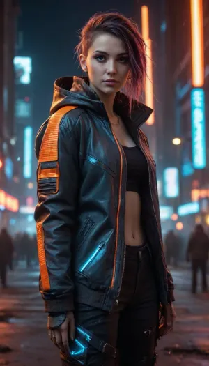 A futuristic cyberpunk character with an edgy, high-tech jacket featuring glowing neon blue and fiery orange accents, metallic details, and rugged textures, illuminated by moody cinematic lighting in a dystopian city scene filled with glowing red and orange lights, scattered debris, and dark industrial tones, dynamic and detailed, hyper-realistic, vibrant colors, atmospheric and immersive