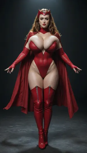 fullbody view of a 24 year old woman, gigantic breasts, ginger hair, looking like scarlet witch, wears a deep red, form-fitting bodysuit with intricate mystical designs, paired with a flowing cape, thigh-high deep red boots and a signature headpiece shaped like a crown in a dark room with black walls.