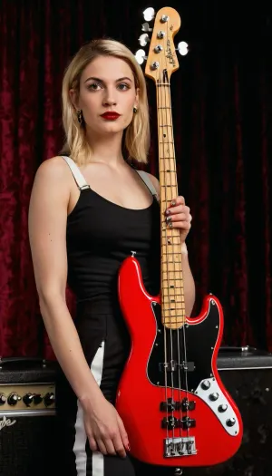 ((realistic photograph)), female punk musician holding a bass, ((vintage Fiesta-red Fender-style Jazz Bass)), four strings, two separate single-coil pickups, traditional Jazz Bass body shape, slim offset design, (maple neck with dot inlays), classic Jazz Bass headstock with four tuners on one side, ((white strap with two black parallel racing stripes attached to bass)), natural soft lighting, realistic materials, accurate proportions, detailed hardware