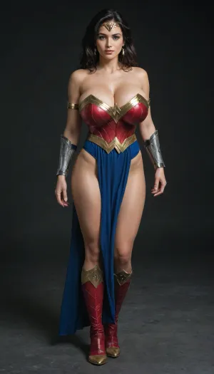 fullbody view of a 24 year old woman, gigantic breasts, dark hair, looking like wonder woman, wears a battle-ready outfit with a red and gold armored bodice, a blue leather skirt with layered plates, and knee-high, bronze-colored boots. She also sports silver bracers, a golden tiara, and carries the Lasso of Truth at her side, in a dark room with black walls.
