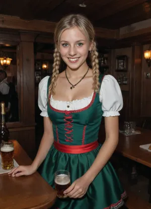 1 woman, standing, serving mugs of beer, white skin, very cute, happy smiling face, (blonde hair), (medium length hair), (braided pigtails:1.4), skinny, short waisted, petite, (wearing a traditional Bavarian dirndl with a dark green bodice over a white blouse), the dress has a low cut square neckline showing just a hit of cleavage, the bodice of the dress is laced up with a red silk ribbon, the skirt has delicate detailing and embroidery, in a traditional Bavarian tavern, wooden tables, wooden stools, beer steins, beer mugs, beer kegs, alcohol, <lora:ahxl_v1:.8>