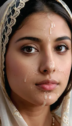 Close-up portrait of a, (very petite:1.3), (19 year old), (arabic woman), (lace-hijab), (lace-bra), (cum on face), (cum on hijab), . woman, cum, on, face, <lora:JustCum:.8>