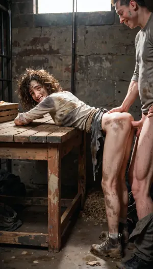 dark warehouse, 18 year old girl, skinny ugly girl, homeless, dirty, messy hair, bent over table, fully clothed, no bottoms, hands tied behind her, fucking her from behind, girl is not enjoying it