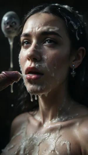 side view, many giant black dick, cumshot, bukkake, extreme close-up of an Iranian bride’s face, black hair, Persian chubby slut wife, (completely glazed with thick milky white glossy cum:1.7), no skin visible beneath the slime layer, (smooth seamless coating:1.5), (slime oozing and flowing over facial contours:1.4), eyelids, lips, cheeks, chin all buried under the fluid, facial shape still subtly visible beneath the glaze, soft veil partially stuck to the slime, surreal beauty shot, high detail wet texture, cinematic lighting, dark soft background, artistic surrealism, close_up_detailed_shot_of1, reij-snrs, light, and, shadow, by, <lora:close_up_detailed_shot_of1:.8>, <lora:dark:.5>, <lora:sunriseSDXL-000009:.8>