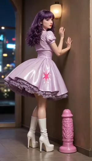 Curvy woman in a latex long dress, ((pastel purple:1.4)), petticoat, latex, Suction cup dildo is on the wall, ((gigantic:1.2)), Sperm slime all over the dildo and her anus, wet, platform high heel white boots, Very long curly red hair, (wet latex:1.2), (masterpiece, best quality), (Twilight Photography:1.4), aroused, (cinematic lighting), spacious balcony, glass railings, city skyline view, penthouse, (night:1.4), Leica M10, Leica Summilux 50mm f/1.4 lens, sharp focus, best shadow, 8K, UHD, clear image, extremely sharp, extremely detailed, extremely intricate detail, high res, ultra-high-definition, highly detailed, ultra-sharp textures, finely detailed, perfect skin texture, hyper realistic lighting, professional photography, full dynamic range, deep contrast, high clarity, realistic depth of field, HDR, perfect exposure, smooth gradients, natural reflections, ultra-fine details, realistic skin pores, individual hair strands, soft shadows, color-graded, <lora:8fcf1204-8988-4a6b-81d6-6595f4184458.TA_trained:.8>