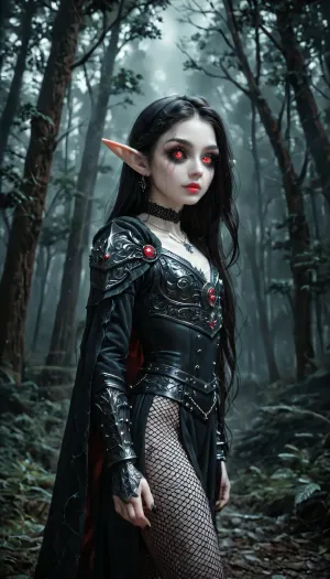 (1 extremely cute elf girl standing in a dark eerie forest:1.6), (closa angle:1.4), (side view), big thin cute lips, (extremely small beautiful face:1.6), black hair, (extremely long hair), extremely straight hair, (beautiful black fishnet armor:1.3), (fully clothed), white skin, very long thick eyelashes, (dark red eyes), (extemely cute petite body:1.4), collarbones, multiple big necklace, earrings, (cute tiny breasts), small waist, bubble butt, (extremely thin petite thighs), long legs, (extremely perfect big beautiful eyes:1.8), (perfect face), 8k, (dark evil forest), white, sclera, eyes, R3g4l, 3lv3n, woman, courtyard, armor, cloak, sword, castle, Dark, dreams, Eerie, reality, Horror, Darkness, <lora:white sclera v2:1.3>, <lora:rknArouseXL:.4>, <lora:Regal_Elven:.8>, <lora:1366408_training_data:.8>, <lora:DDXL:.8>