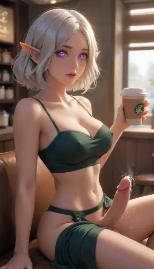 (Dark elf sorceress), glowing violet eyes, (detailed eyes), (perfect eyes), long white hair, deep cleavage, seductive gaze, Starbucks Coffee uniform, piercings, smooth black skin, big round boobs, erect nipples, shiny body, toned abs, narrow waist, curvy hips, laying on lounge chair, Profile view, looking from the side, lying on his stomach, sticking his ass up, penis hanging down, testicles hanging down, head resting on his hands, seductive pose, Starbucks Coffee interior, soft fog, erotic fantasy lighting, NSFW, masterpiece, highly detailed, futanari, futanari penis, testicles, erection, futa_overflow, cum, dripping cum, <lora:J_cartoon:.3>, <lora:Animated_Concept:.3>, <lora:samdoesarts1.1-000030:.3>, <lora:209970_training_data:.8>, solo, bangs, eye, focus, shocked face, sparkle, looking, at, viewer, glowing, eyelashes, <lora:Jeweled eyes-NAI:.8>