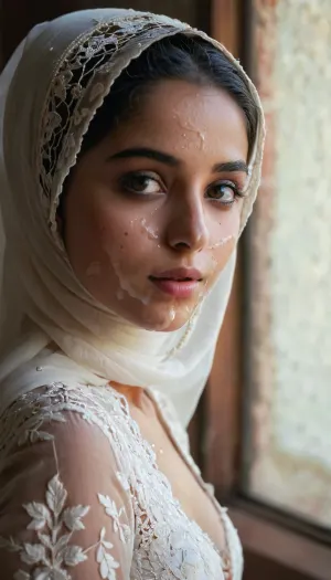 portrait of a, (very petite:1.3), (19 year old), (arabic woman), (lace-hijab), (lace-dress), (cum on face), (cum on hijab), . woman, cum, on, face, <lora:JustCum:1.1>