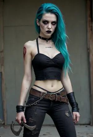 Full body, Nara, Wrathful Wraith, undead, female, readied stance, sadistic, lonely, aggressive, slightly manic, antagonistic, (pale mismatched skin), reanimated corpse, (corpse like complexion), (thin lips), (black makeup), (black lipstick), (light makeup), (long vibrant green blue hair), (hair swept to one side), (large tattered black bow in hair), (giant bloodied axe), (grapple hook and chain), (small crop top), (pants with holes in them and one leg ripped off), (thick gray belt), (pirate aesthetic), (Frankenstein aesthetic), (patchwork), (stitches all over), (scars all over), (bandages), (zombie like stance)