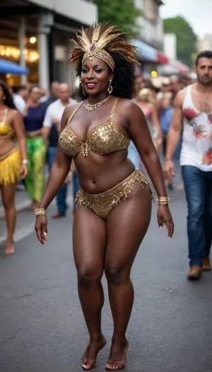 mature brazilian samba dancer, enormous gigantic big plump boobs, luscious breasts, wide thick ass dark brown exotic skin, ((((very dark brown skin)))), dancing on the street, carnival, sexy legs, full view
