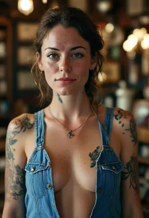 Gorgeous 32-year-old hipster woman wearing denim overalls with no shirt underneath, shopping in an antique store, freckles, light makeup, tattoos, tanlines, medium breasts, rank_9, <lora:MJ52:.8>