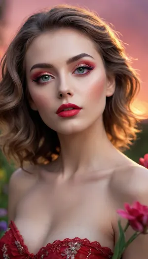 A slender beautiful adult woman, She has a beautiful coquettish faded face, elaborate hairstyle, small breasts, highly detailed large beautiful crystal eyes, light glowing irises, heartshaped lips, lip gloss, aroused skin, She wears a short transparent raffle top, She is in the flowers, romantic red sunset, smoke, colorful and vibrant, mystical colors, iridescent perspective view, sweeping circling composition, non-representational, colors and shapes, expression of feelings, imaginative, long shadows, dreamy mood, detailed photo, photorealistic photo, realistic pretty women photo, realistic night vision, soft fokus, parallax, overexposure, photo style, worm's-eye view, cinematic, filmic, #©KITTYART



































#©KITTYART