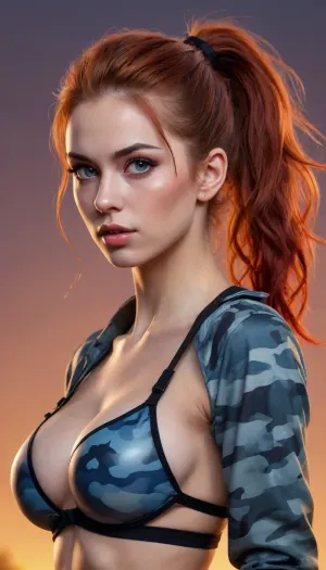 a digital illustration, a beautiful slender adult woman, she is in a fighting stance, she wears a blue camouflage jacket and black briefs with black straps, she has a very pretty coquettish faded face, long red hair tied in a high ponytail, elaborate hairstyle, small breasts, highly detailed crystal eyes, light glowing irises, heartshaped lips, lip gloss, aroused skin, exhales, the background is a gradient of orange and yellow, dramatic sunset, long shadows, fighting mood, detailed photo, photorealistic photo, realistic pretty women photo, night vision, soft fokus, parallax, overexposure, #©KITTYART