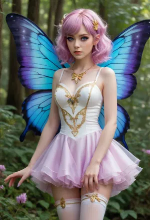 Full body, Tasi, Fairy of Dreams, fairy, female, mage, (dream magic), neat, graceful, playful, sympathetic, curious, full of wonder, (pastel purple antennae), (medium length pink hair that ends in an outward curl), (pale skin), (purple eyes), (white sleeveless dress with gold accents), (white thigh highs with gold accents), (white shoes with gold accents and central green gemstones), (large gold rings on wrists), (bright blue and pastel purple butterfly wings), floating, (Druid vibes)
