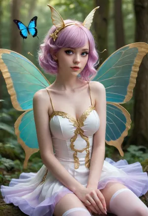 Full body, Tasi, Fairy of Dreams, fairy, female, mage, (dream magic), neat, graceful, playful, sympathetic, curious, full of wonder, (pastel purple antennae), (medium length pink hair that ends in an outward curl), (pale skin), (purple eyes), (white sleeveless dress with gold accents), (white thigh highs with gold accents), (white shoes with gold accents and central green gemstones), (large gold rings on wrists), (bright blue and pastel purple butterfly wings), floating, (Druid vibes)