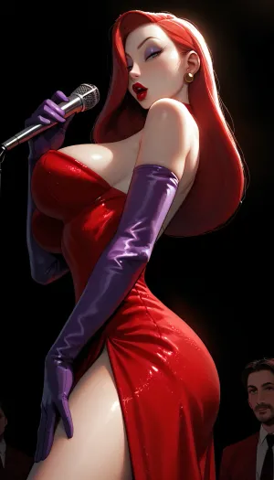 masterpiece, best quality, high resolution, hires, score_9, score_8_up, score_7_up, score_6_up, (Jessica Rabbit from Who Framed Roger Rabbit:1.4), incase, style, ratatatat74, side view, from below, close up, red dress, purple arm-length gloves, huge breasts, hourglass body, wide hips, thick thighs, eyes looking at viewer, detailed pupils, standing on stage, singing, detailed, dark, <lora:287175_training_data:1.5>, <lora:ratatatat74-000050:1.3>